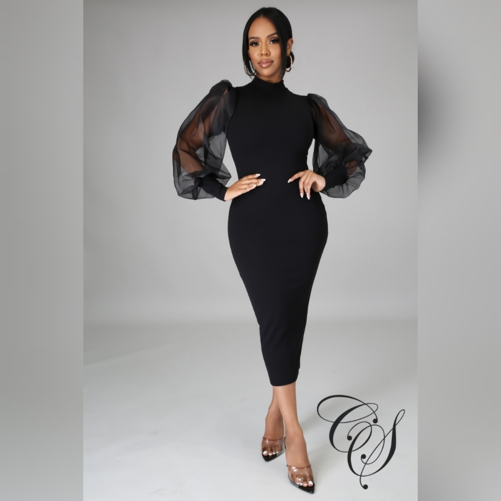 Adrienne Organza Puff Sleeve Midi Dress